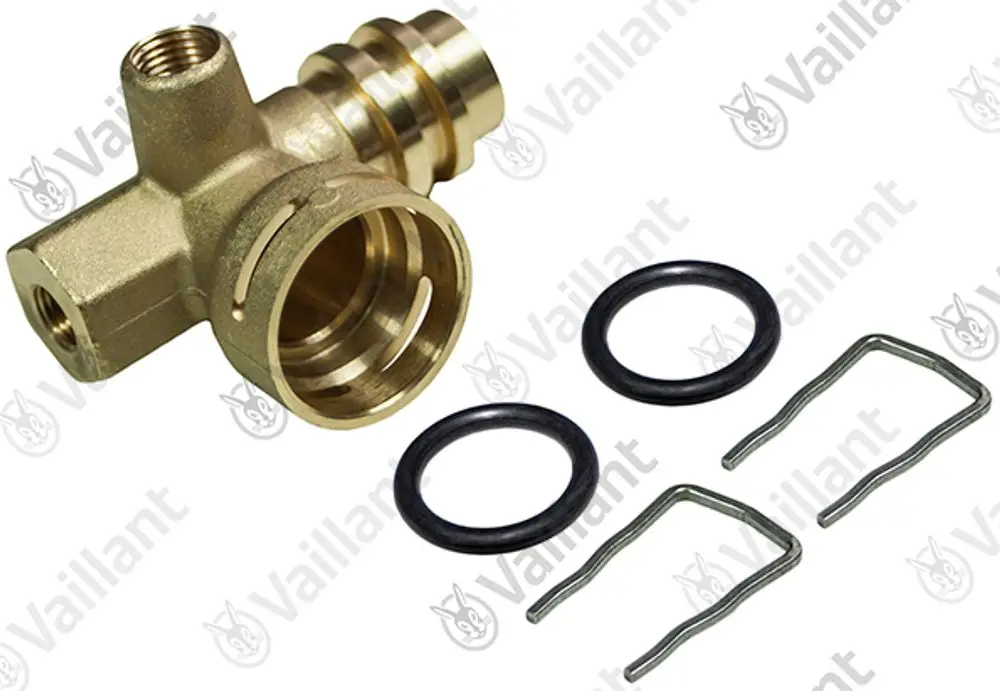 Vaillant Anschlussstück aus Messing mit zwei O-Ringen und zwei Sicherungsfedern, geeignet für spezifische Heizungsmodelle.